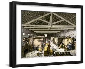 Farm Women Pouring Milk Into a Churn in Dairy Barn-null-Framed Giclee Print