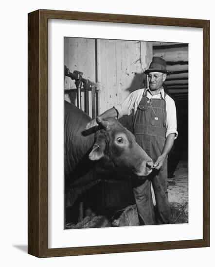 Farm Worker Petting One of the Cows Living on a Dairy Farm-Hansel Mieth-Framed Photographic Print