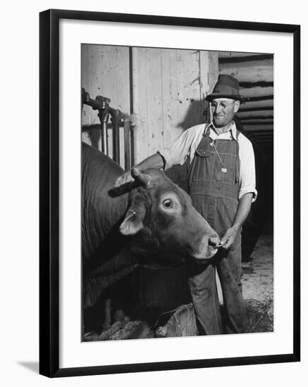 Farm Worker Petting One of the Cows Living on a Dairy Farm-Hansel Mieth-Framed Photographic Print