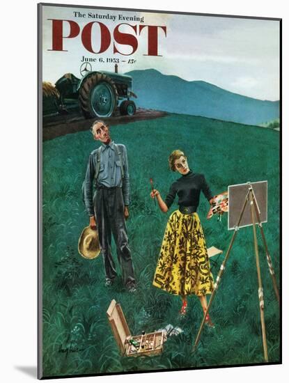 "Farmer and Female Artist in Field" Saturday Evening Post Cover, June 6, 1953-George Hughes-Mounted Giclee Print
