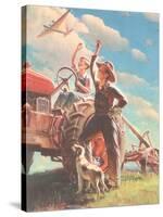 Farmer and Son Waving to Airplane-null-Stretched Canvas