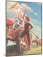 Farmer and Son Waving to Airplane-null-Mounted Giclee Print