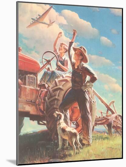 Farmer and Son Waving to Airplane-null-Mounted Giclee Print