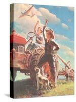 Farmer and Son Waving to Airplane-null-Stretched Canvas