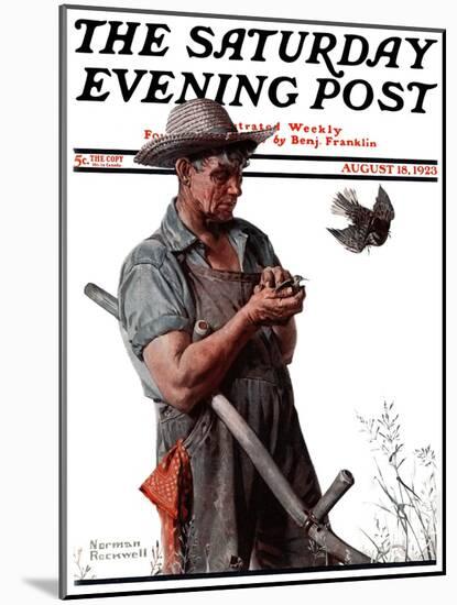 "Farmer and the Bird" or "Harvest Time" Saturday Evening Post Cover, August 18,1923-Norman Rockwell-Mounted Giclee Print