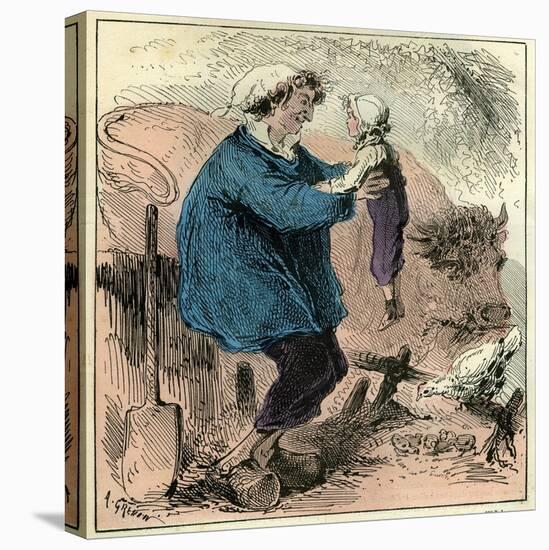 Farmer Child 19th Century Chicken Spade Country Side France-null-Stretched Canvas