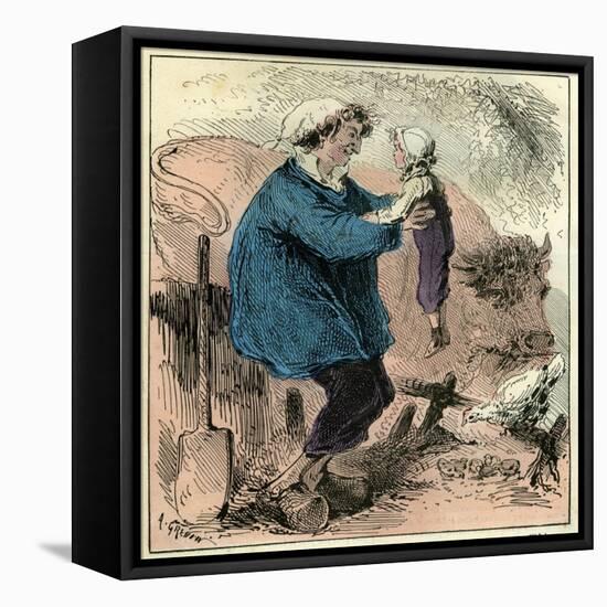 Farmer Child 19th Century Chicken Spade Country Side France-null-Framed Stretched Canvas