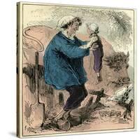 Farmer Child 19th Century Chicken Spade Country Side France-null-Stretched Canvas