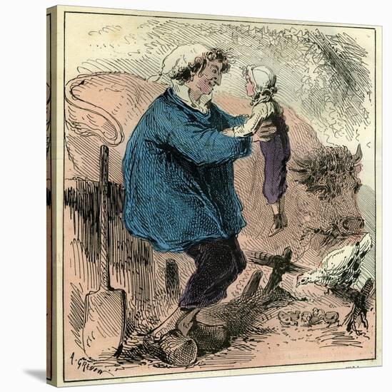 Farmer Child 19th Century Chicken Spade Country Side France-null-Stretched Canvas