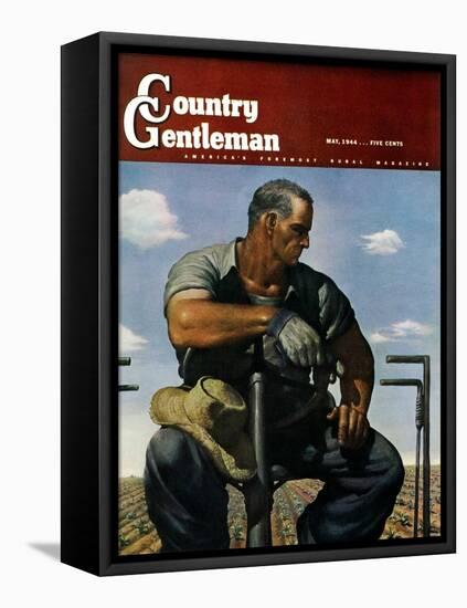 "Farmer on Tractor," Country Gentleman Cover, May 1, 1944-Robert Riggs-Framed Stretched Canvas