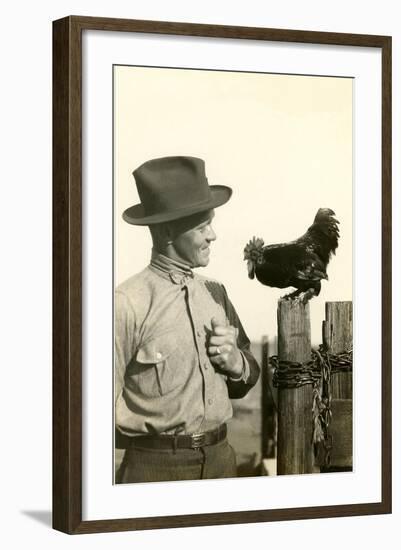 Farmer Talking to Rooster-null-Framed Art Print