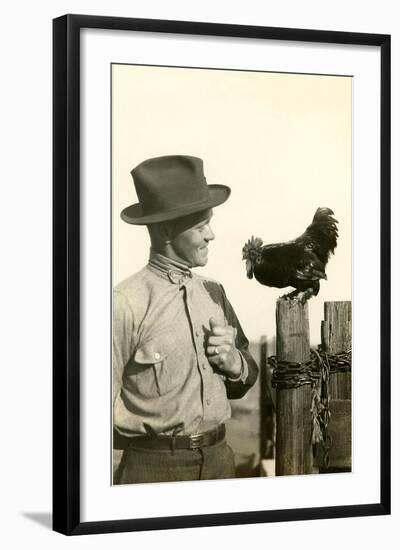 Farmer Talking to Rooster-null-Framed Art Print