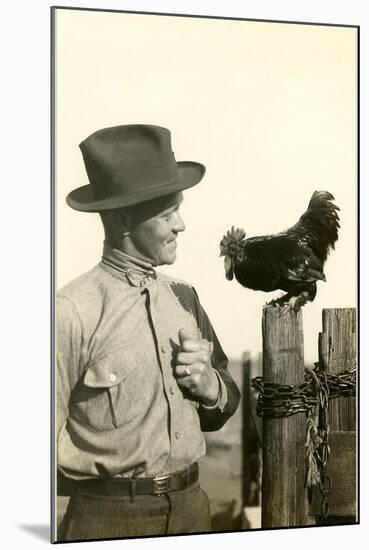 Farmer Talking to Rooster-null-Mounted Art Print