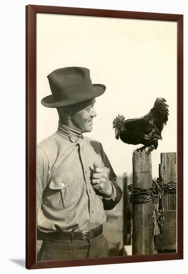 Farmer Talking to Rooster-null-Framed Art Print