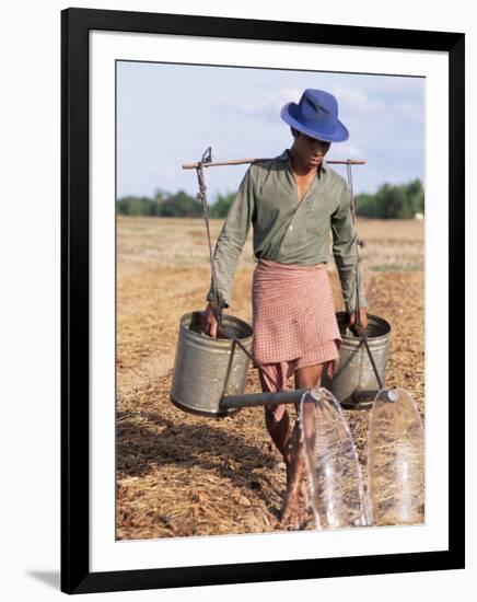 Farmer with Watering Cans, Cambodia, Indochina, Southeast Asia-Tim Hall-Framed Photographic Print