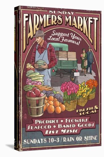 Farmers Market - Vintage Sign-Lantern Press-Stretched Canvas