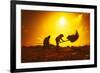 Farmers Silhouettes at Sunset. Rice Grain Threshing during Harvest Time in Northern Thailand-Banana Republic images-Framed Photographic Print