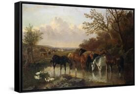 Farmhorses Watering in a Wooded River Landscape-Henry Thomas Alken-Framed Stretched Canvas