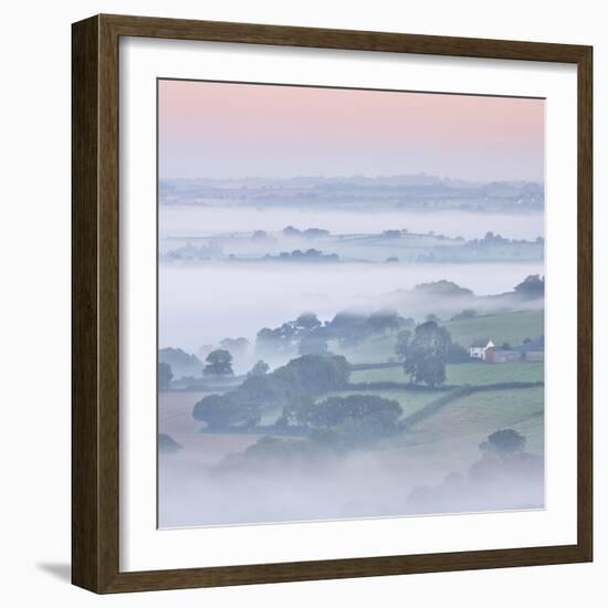 Farmhouse and Mist Covered Countryside, Stockleigh Pomeroy, Devon, England. Autumn (September)-Adam Burton-Framed Photographic Print