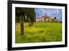 Farmhouse with road lined by Cypress tree row. Yellow mustard field. Montalcino. Tuscany, Italy.-Tom Norring-Framed Photographic Print