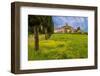 Farmhouse with road lined by Cypress tree row. Yellow mustard field. Montalcino. Tuscany, Italy.-Tom Norring-Framed Photographic Print