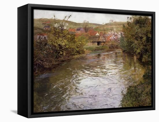 Farmhouses on the Banks of a Stream-Thaulow Frits-Framed Stretched Canvas