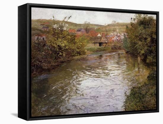 Farmhouses on the Banks of a Stream-Fritz Thaulow-Framed Stretched Canvas
