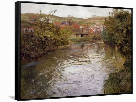 Farmhouses on the Banks of a Stream-Fritz Thaulow-Framed Stretched Canvas