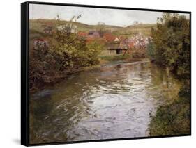 Farmhouses on the Banks of a Stream-Fritz Thaulow-Framed Stretched Canvas