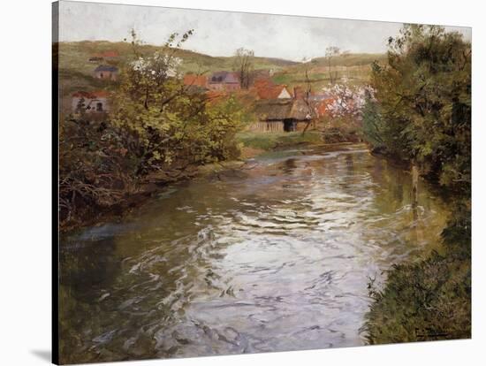 Farmhouses on the Banks of a Stream-Fritz Thaulow-Stretched Canvas