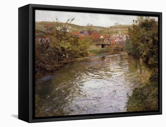 Farmhouses on the Banks of a Stream-Fritz Thaulow-Framed Stretched Canvas