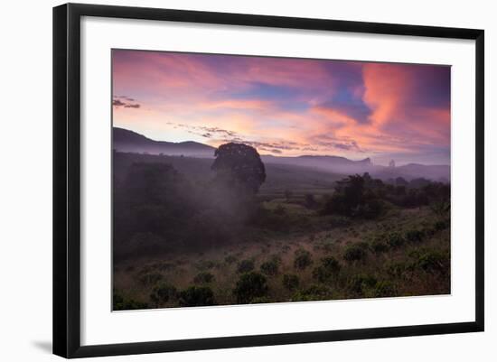 Farmland in Chapada Diamantina National Park with Mist from Cachaca Smoke at Sunset-Alex Saberi-Framed Photographic Print