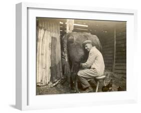 Farmworker Milks a Cow by Hand in a Very Primitive Cow- House-null-Framed Photographic Print