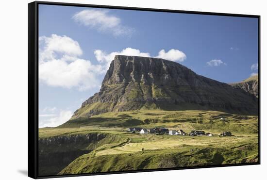 Faroes, Vagar, Gasaldur, houses in the waterfall-olbor-Framed Stretched Canvas