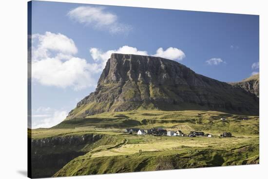 Faroes, Vagar, Gasaldur, houses in the waterfall-olbor-Stretched Canvas