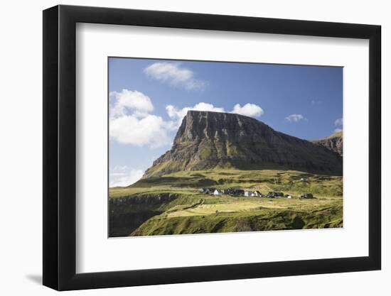 Faroes, Vagar, Gasaldur, houses in the waterfall-olbor-Framed Photographic Print