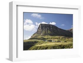 Faroes, Vagar, Gasaldur, houses in the waterfall-olbor-Framed Photographic Print