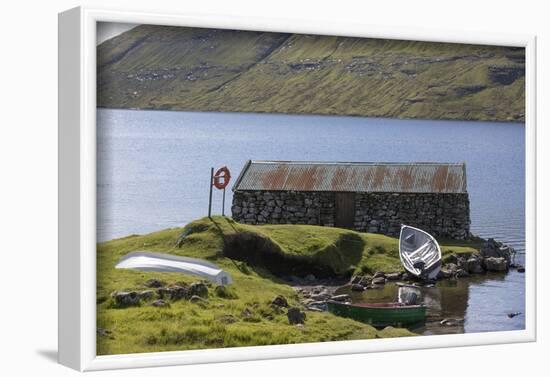 Faroes, Vagar, Sorvagsvatn, Leitisvatn, hut, boats-olbor-Framed Photographic Print