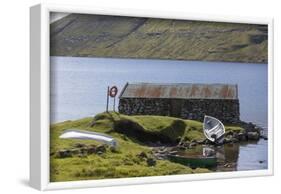 Faroes, Vagar, Sorvagsvatn, Leitisvatn, hut, boats-olbor-Framed Photographic Print