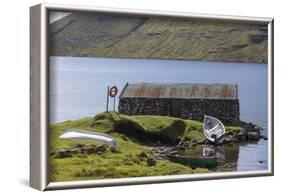 Faroes, Vagar, Sorvagsvatn, Leitisvatn, hut, boats-olbor-Framed Photographic Print
