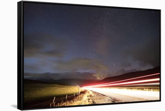 Faroes, Vagar, street, night, starry sky, light track-olbor-Framed Stretched Canvas