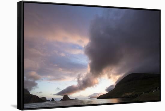 Faroes, Vagar, Tindholmur, bay, Sorvagsfjordur, evening-olbor-Framed Stretched Canvas