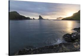 Faroes, Vagar, Tindholmur, bay, Sorvagsfjordur, evening-olbor-Stretched Canvas