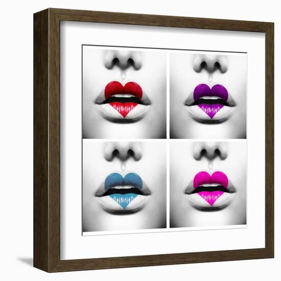 Fashion Abstract Collage Of Beauty Sexy Lips With Colorful Heart Shape Paint-Subbotina Anna-Framed Art Print