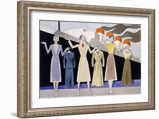 Fashion Design Showing Three Female Models Holding Up Garments on Hangers-Ernst Deutsch-dryden-Framed Giclee Print