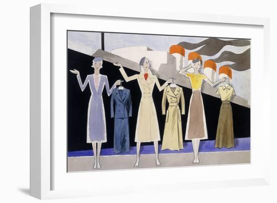 Fashion Design Showing Three Female Models Holding Up Garments on Hangers-Ernst Deutsch-dryden-Framed Giclee Print