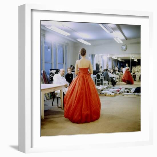 Fashion Designer Christian Dior Commenting on Red Gown for His New Collection Prior to Showing-Loomis Dean-Framed Premium Photographic Print