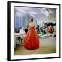 Fashion Designer Christian Dior Commenting on Red Gown for His New Collection Prior to Showing-Loomis Dean-Framed Premium Photographic Print