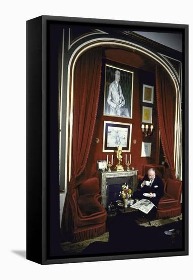 Fashion Designer Christian Dior Having Coffee While Reading Newspaper-Loomis Dean-Framed Stretched Canvas