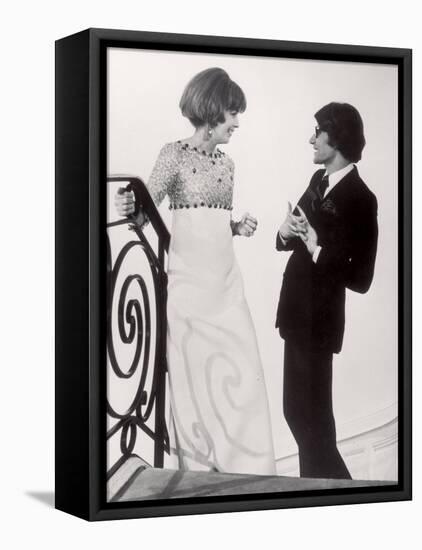 Fashion Designer Yves Saint Laurent Talking with Client Mrs. Stanley Donen at His Boutique-Pierre Boulat-Framed Stretched Canvas